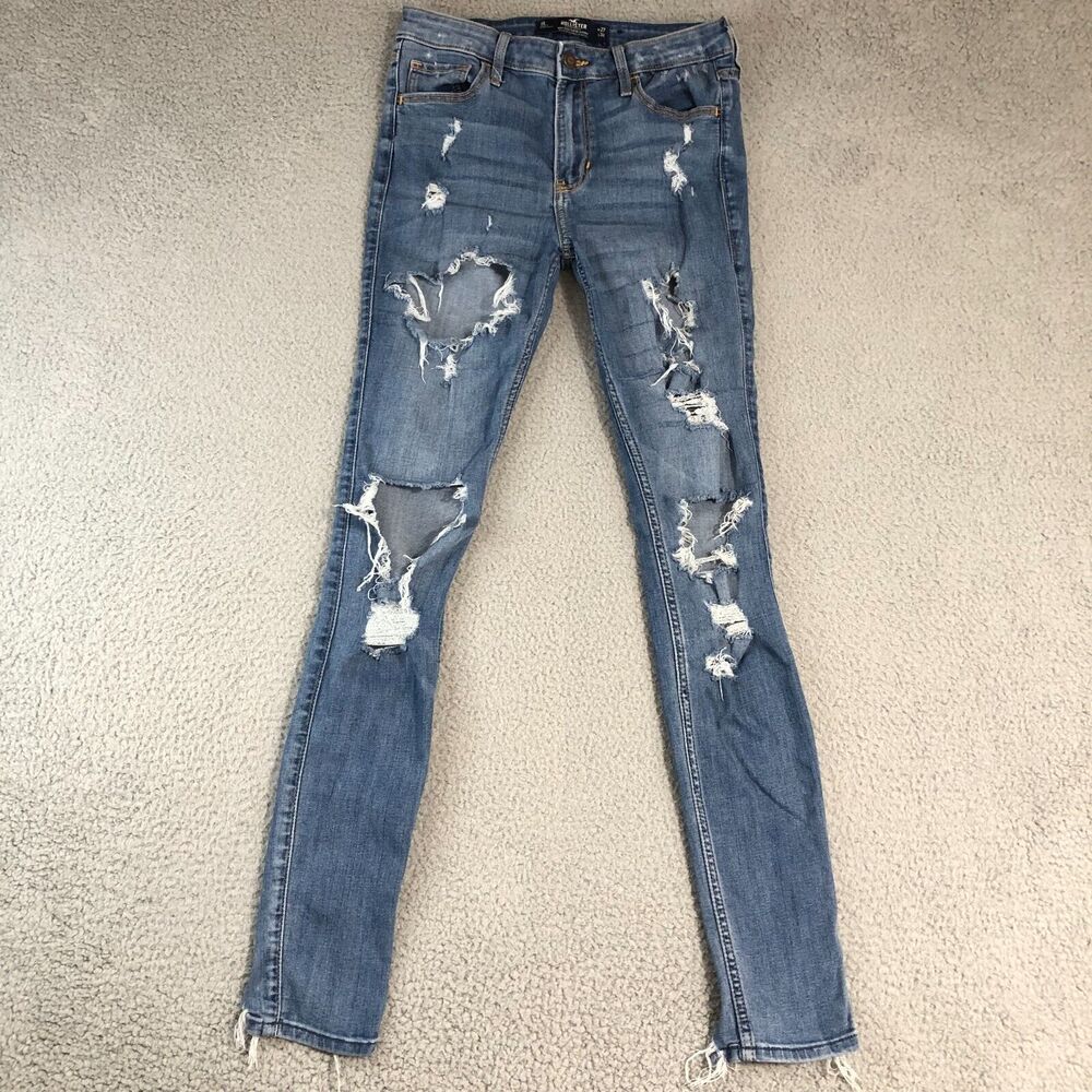 Hollister Jeans Womens 27x32 Blue Denim‎ Hight Rise Super Skinny Thrashed Grunge